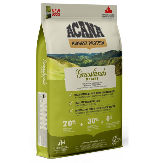 ACANA Highest Protein Grasslands – hrană uscată fără cereale pentru câini, bogată în proteine animale, 11,4 kg
